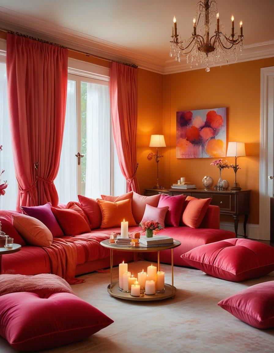 A soft, intimate setting featuring a diverse group of people engaging in lively conversation, surrounded by sensual decor like candles and silk fabrics. Highlight elements of sexual wellness, such as books on relationships, heart-shaped pillows, and symbolic representations of love and connection. Incorporate warm, inviting lighting that enhances the cozy atmosphere, while maintaining a sense of playful elegance. Watercolor style. vibrant colors. soft focus.