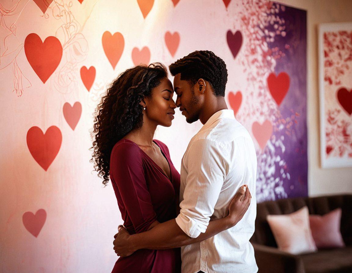 A warm, inviting depiction of diverse couples connecting in intimate settings, showcasing a range of gestures like holding hands, whispering, and warm embraces. Soft lighting casts a sheen of warmth over the scene, enhancing the sense of safety and affection. Incorporate elements representing exploration, like maps and hearts, subtly in the background. Include various shades of red, pink, and purple to symbolize sensuality and intimacy. vibrant colors. soft focus.